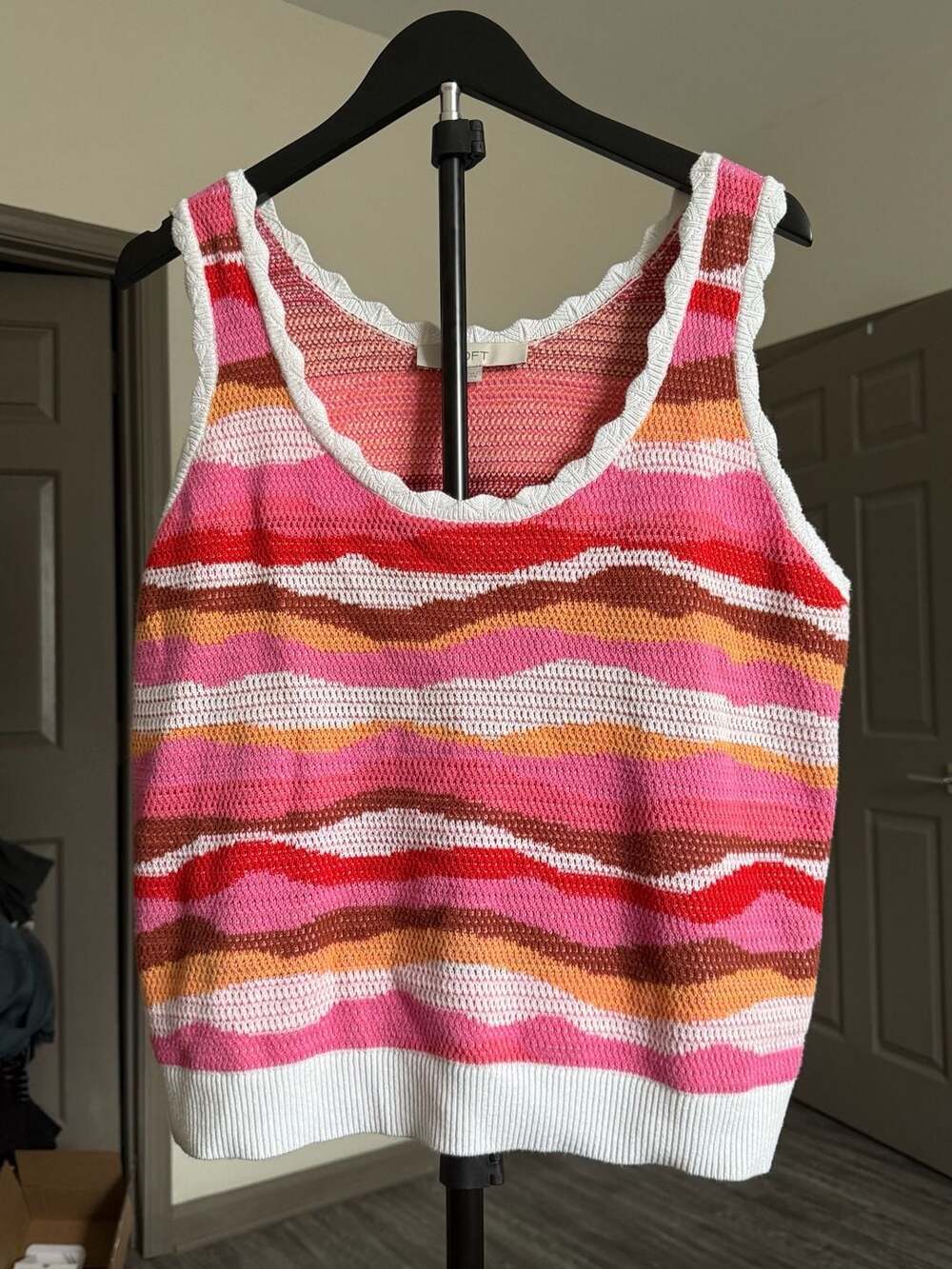 LOFT Wavy Stripe Knit Tank Top Size L Pink Red Orange